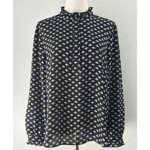 LOFT Black White Floral Blouse L Long Sleeve Ruffle Neck Classic Office Chic